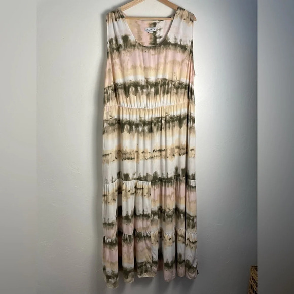 Ava & Viv Tiered Maxi Dress 2X Sleeveless Tie Dye White Pink Green Boho Beach - Picture 1 of 8